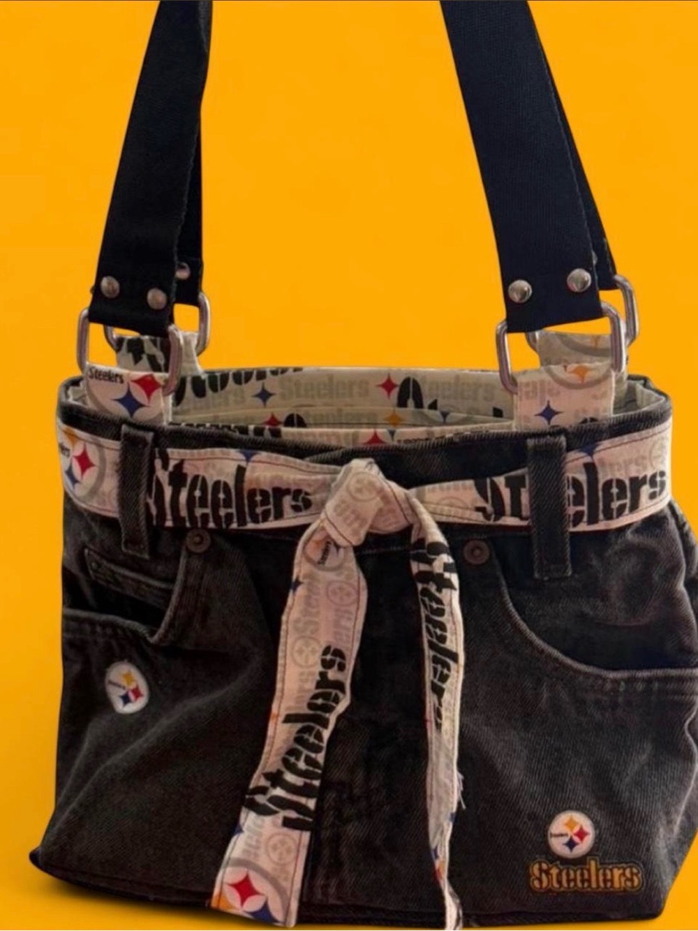 NFL Steelers Black Denim Mini Bag with Team Logo Accents